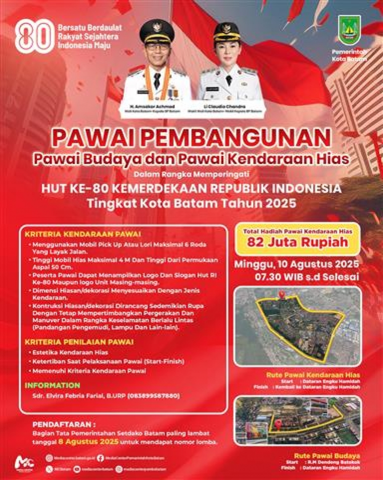 Dalam rangka memperingati Hari Ulang Tahun ke-80 Kemerdekaan Republik Indonesia, Pemerintah Kota Batam menggelar Pawai Pembangunan 2025