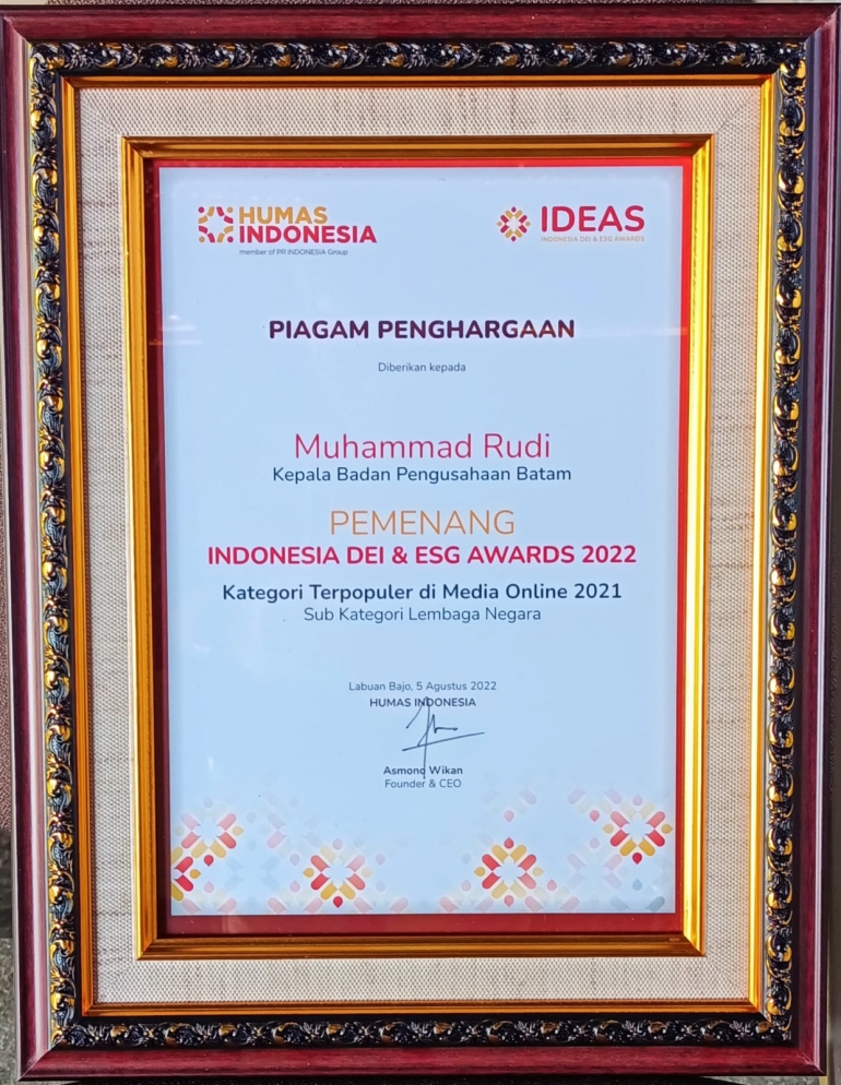 Gencar Informasikan Progress Pembangunan Batam, Kepala BP Batam Raih Anugerah